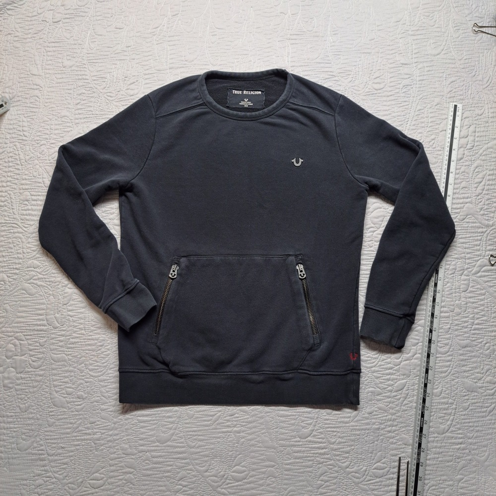 True Religion Sweatshirt Mens Small Black Good Zip Pocket Horseshoe M19FF09N7G